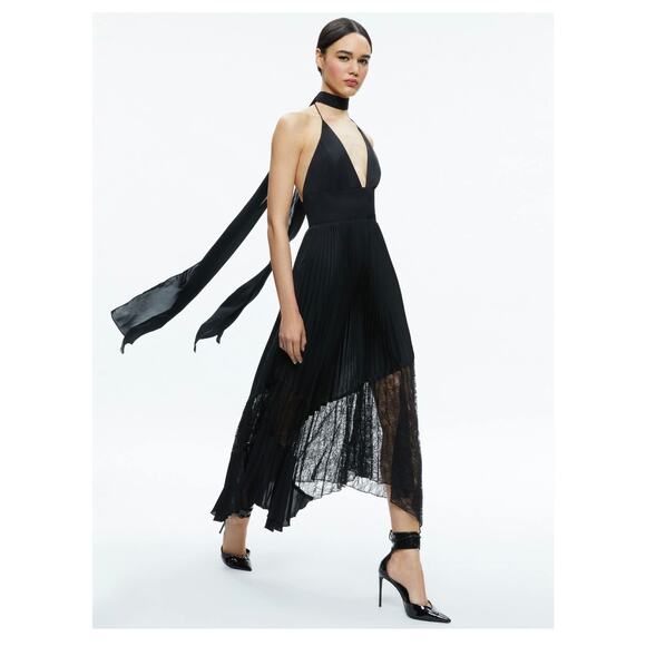 Alice + Olivia Hannah Black Halter V-Neck Pleated Lace Sash Neck Maxi Dress 14